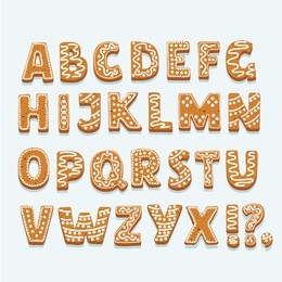 vector cartoon alphabet of christmas or new year alphabet gingerbread cookies set with glaze. isolated textured letters on white background.
