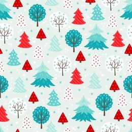 christmas seamless pattern with forest trees and snowflakes on light background. perfect for wallpaper and greeting cards 