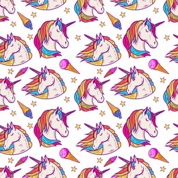 seamless pattern with unicorn heads, stars, ice cream. vector illustration