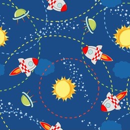 seamless colorful space with cute rocket