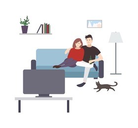 cute male and female cartoon characters sitting on cozy couch and watching tv or television set. young couple having fun at home. pair of man and woman spending time together. vector illustration.