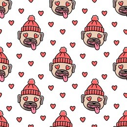 seamless pattern with dog breed pug in red knitted hat, with heart for happy valentine's day. it can be used for packaging, wrapping paper, textile and etc.