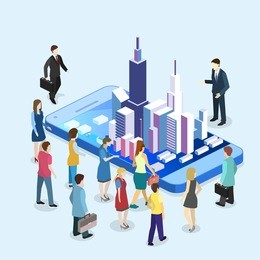 isometric flat 3d vector exhibition promotion stand. trade show booth. presentation of a new mobile application for working with maps