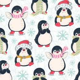 seamless pattern with cute penguins. hand-drawn illustration. vector.
