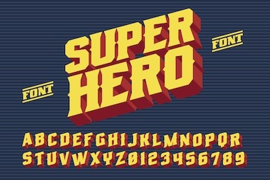 superhero font. 3d vintage alphabet letters. vector retro illustration