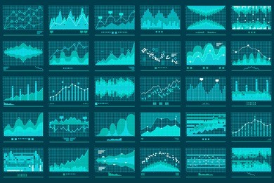 financial candle stick or line graphs. currency business and market charts set. finance data investment growth diagram. graphic analysis of trends. stock illustration