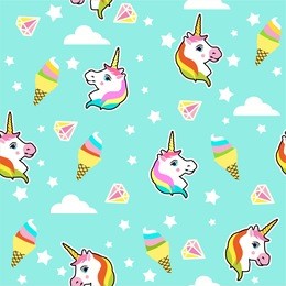 seamless pattern with doodle style unicorns, clouds,stars, diamond, ice cream on blue sky. vector background illustration for kids