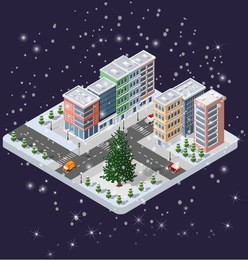 winter christmas urban quarter modules for the construction of a large isometric metropolis city perspective