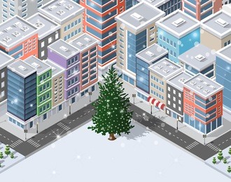 christmas winter city background of buildings and houses, shops and offices, cafes with snowy fir trees