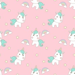 cute unicorn with rainbow and stars seamless pattern on pink background.