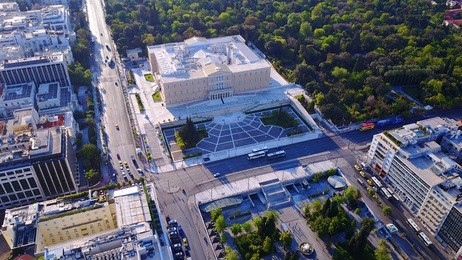aerial birds eye view photo taken by drone of syntagma square and greek parliament, athens, attica, greece