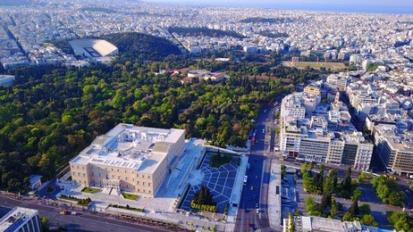 aerial birds eye view photo taken by drone of syntagma square and greek parliament, athens, attica, greece