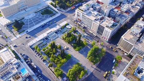 aerial birds eye view photo taken by drone of syntagma square and greek parliament, athens, attica, greece