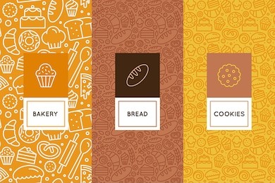 vector set of design templates and elements for bakery packaging in trendy linear style - seamless patterns with linear icons related to baking, cafe, cupcake shop 