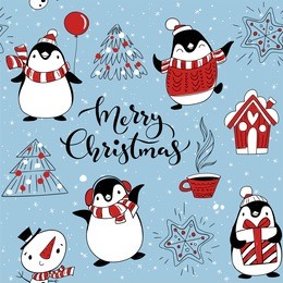 winter holidays vector seamless pattern with cute animals and merry christmas lettering. 