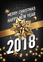 2018 happy new year and merry christmas vector greeting card and poster design with golden ribbon and light.