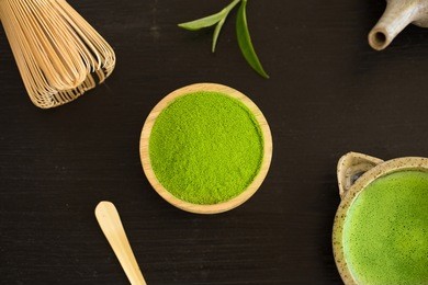 set of matcha powder bowl wooden spoon and whisk green tea leaf organic green matcha tea ceremony.