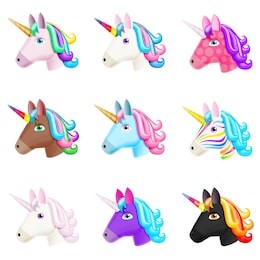 set of realistic vector unicorn icons isolated on white. head portrait horse sticker, patch badge, emoji. cute magic cartoon fantasy cute animal. rainbow hair. dream symbol. design for kids