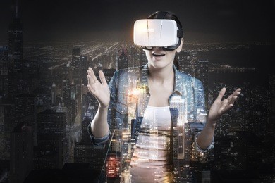 pleasant woman playing vr game and being scared