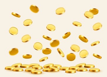 falling coins, falling money, flying gold coins, golden rain. jackpot or success concept. modern background. vector illustration