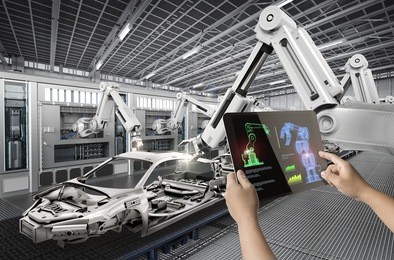 human control 3d rendering warehouse robot working in factory