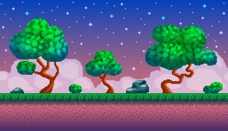 pixel art seamless background. location with forest at night. landscape for game or application.