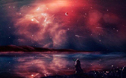 sci-fi landscape digital painting with nebula, magician, planet, mountain and lake in red color. elements furnished by nasa. 3d rendering