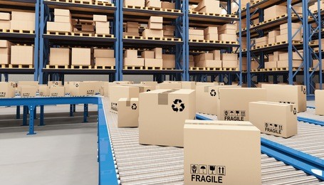 classic conveyor and boxes in warehouse 3d rendering image