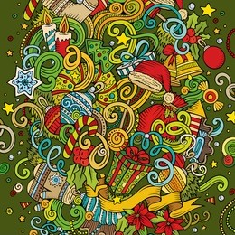 cartoon cute doodles hand drawn new year illustration. colorful detailed, with lots of objects background. funny vector artwork. bright colors picture with christmas items