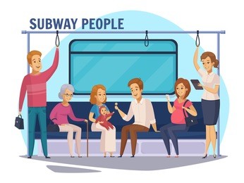 subway commuters sitting and standing in underground train with family and old woman cartoon composition vector illustration 