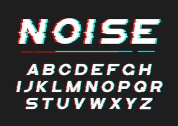 decorative bold font with digital noise, distortion, glitch effect. vector alphabet letters, typeface.