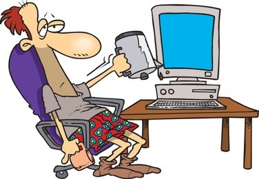 cartoon man sitting at his computer desk in his boxers, holding an empty coffee pot