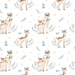 seamless christmas baby deer seamless pattern. hand drawn winter backgraund with deer, snowflakes. nursery animal illustration. new year design.