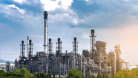 oil and gas industry with twilight view background,refinery factory,petrochemical plant area ,colourful sky and pipeline tower