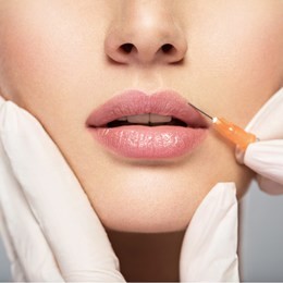 young woman gets injection of botox in her lips. woman in beauty salon. plastic surgery clinic.