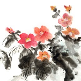 colorful chinese painting, traditional ink artwork of flowers on white background.