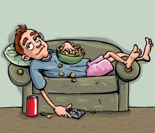 cartoon teen relaxing on the sofa. he is eating a snack and has a soft drink handy