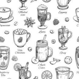 hot drinks. vector christmas winter seamless pattern. different beverages in sketch style. coffee, tea, mulled wine, punch, grog, cider etc. 