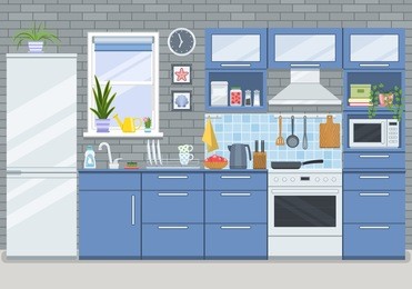 kitchen with stove, refrigerator and microwave oven. home room interior in flat style. vector illustration