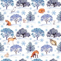 winter woods in snow flakes. park, forest pattern with trees. seamless pattern. watercolor