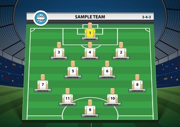 graphic football team starting lineup squad on stadium background. soccer vector illustration.