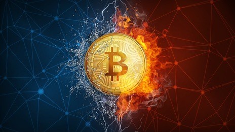 golden bitcoin coin in fire flame, water splashes and lightning. bitcoin gold blockchain hard fork concept. cryptocurrency symbol in storm illustration with peer to peer network background.