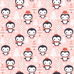 cute winter seamless pattern with cartoon penguin characters and christmas trees and snow on pink background for invitations, greeting cards, textile and clothing design