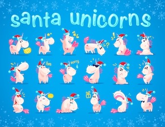 collection of funny santa unicorn emoticon in santa hat isolated on blue winter background. set of cute white fairy little pony with pink tail. good for merry christmas card and new year media design.