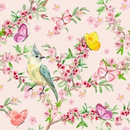 romantic seamless texture with bird on flowering branch. watercolor painting
