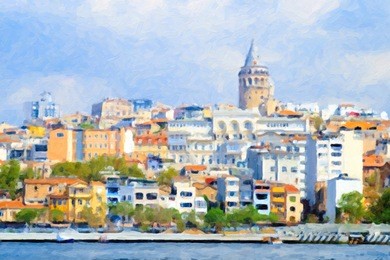 oil painting style picture of golden horn, istanbul, with galata