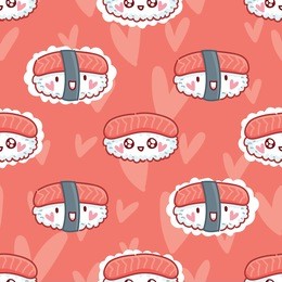 cute seamless food pattern with characters: sushi with googly eyes, rolls, seaweed and hearts. hand drawn backdrop texture design for web, print and textile in cartoon, doodle style on pink