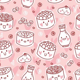 cute seamless outline food pattern with characters: sushi, rolls, wasabi, flying fish roe, seaweed, soy sauce, hearts. hand drawn backdrop texture for web, print and textile in cartoon style on pink