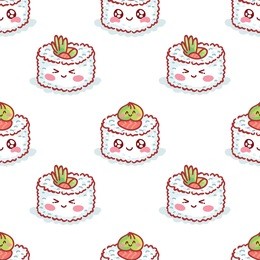 cute seamless food pattern with characters: sushi with googly eyes, rolls, wasabi. hand drawn backdrop texture design for web, print and textile in geometric cartoon, doodle style on white