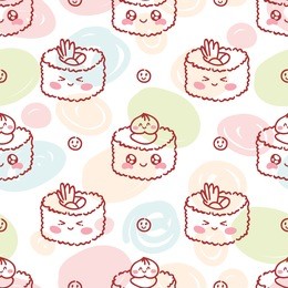 cute seamless outline pattern with food characters: smiling sushi with googly eyes, rolls, wasabi. hand drawn colorful background texture design for web, print and textile in cartoon, doodle style